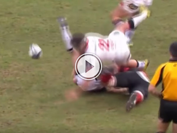 Oyonnax loose forward Maurie Fa'asavalu made this crunching hit on Ulster's Ian Humphreys on the weekend