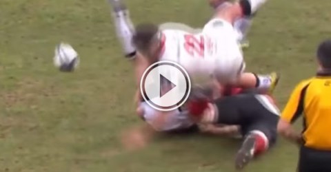 Oyonnax loose forward Maurie Fa'asavalu made this crunching hit on Ulster's Ian Humphreys on the weekend