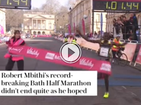 Man cross the line of a race first but trips on the finish line.