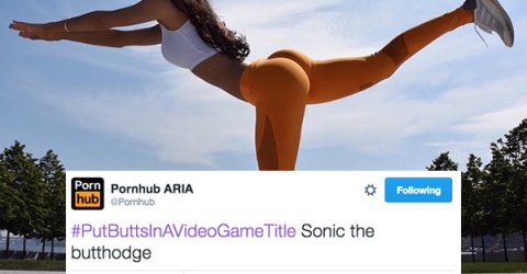 Twitter photo of a girl showing off her sexy ass cheeks in yoga pants with the hashtag #PutButtsInAVideoGameTitle