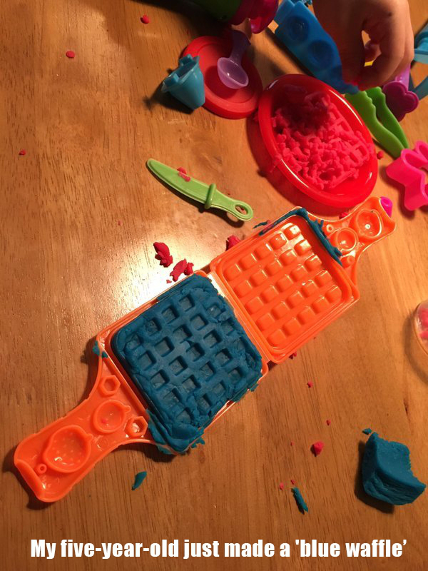 meme on  how a five year old made a blue waffle mess