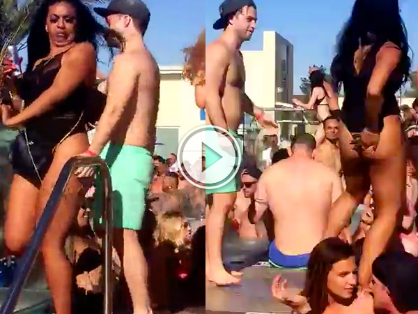 Drunk guy gets close to the girl and pinches her on the ass