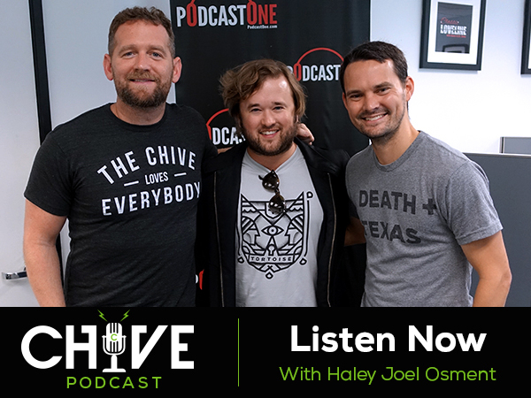 Photo of Haley Joel Osment with two guys as a promotion for Chive podcast!