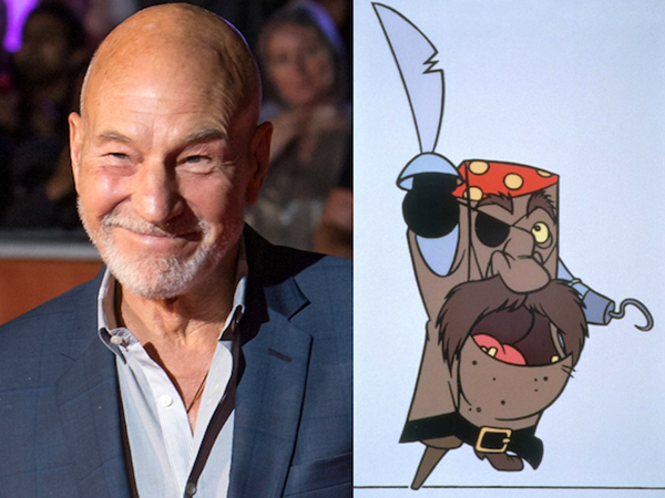 Patrick Stewart compared with a sponge character with a hook and an eye patch