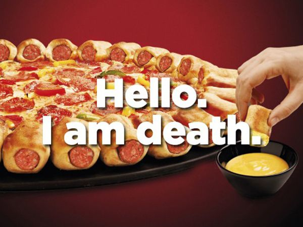 A pizza kept beside a cheese dip. Image quotes it as'Hello. I am Death'.