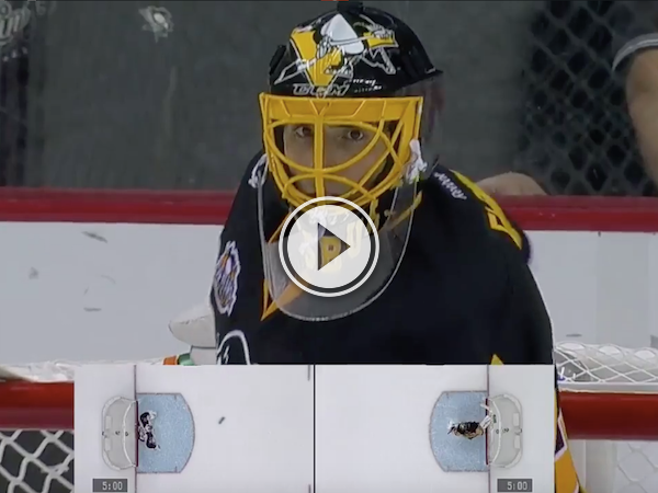 Goalie forgets his water bottle; opponent gratefully curls it to him! (Video)