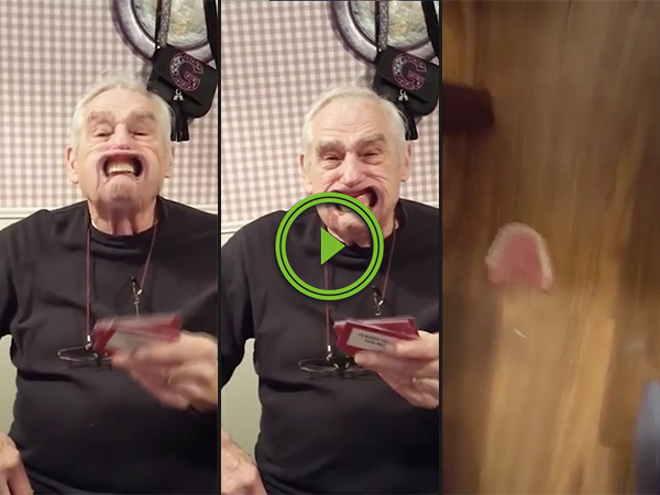 Grandpa loses his teeth during game of Speak Out