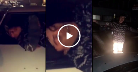Man documents finding a drunk guy passed out on top of his car (Video)