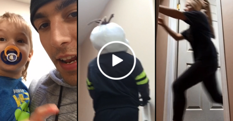 Father and son prank mom by placing a doll on banister (Video)