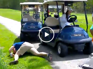 Golfer crashes through front window of golf cart (Video)