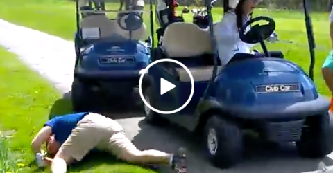 Golfer crashes through front window of golf cart (Video)