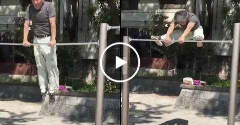 Old Asian man flips on gymnastics bar like a champ (Video)