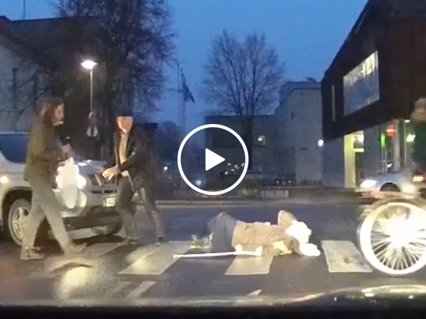 Guy tries to help old lady cross the street, leaves car in drive...