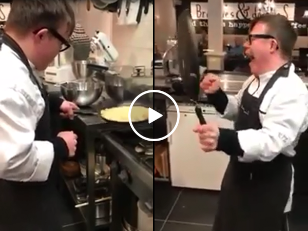 Cheerful boy with Down Syndrome is a pancake flipping king (Video)