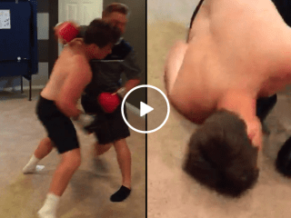 Basement boxing match ends in a wall knock out (Video)