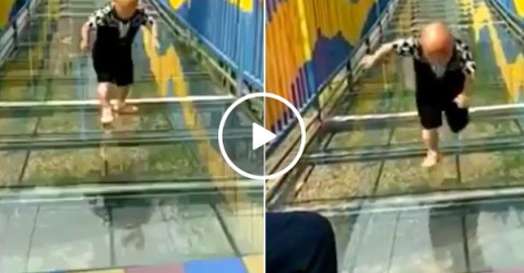 Guy needing traction vs. a glass bridge (Video)