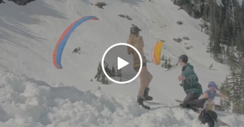 Parachuter almost hits skier