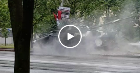 Tank drifts out of control into electrical pole