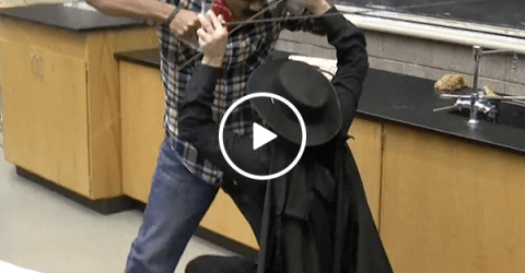 Zorro interrupts college lecture to save the day (Video)