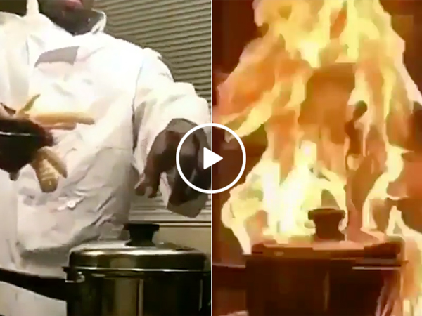 Chef sets fire to pan with french fries (Video)
