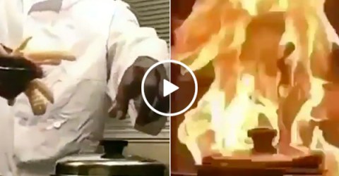 Chef sets fire to pan with french fries (Video)