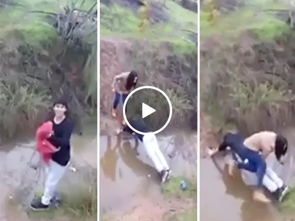 Man makes himself a human bridge for lady friend (Video)
