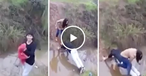 Man makes himself a human bridge for lady friend (Video)