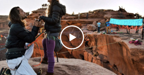 Slack liner proposal is as extreme as his hobby (Video)