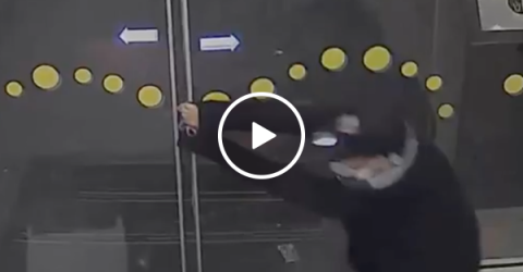 Gas Station Thief loses battle against automatic doors (Video)