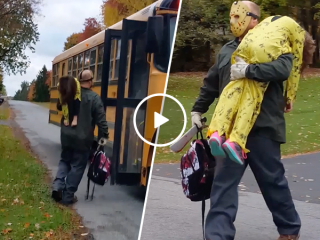 Dad dressed as Jason Voorhees delivers son as his latest victim (Video)