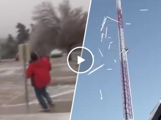 Dangerous chunks of ice fall from 1600 foot TV tower (Video)
