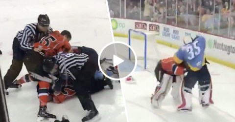 Cheap shot leads to full line brawl in ECHL game (Video)