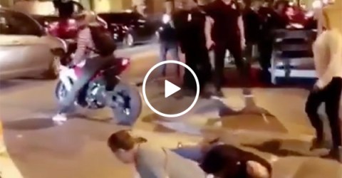 Two drunk guys get knocked out by biker