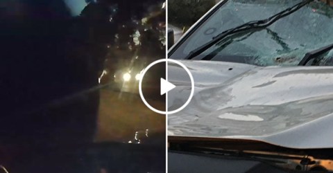 Keg flies across highway divide and through car windshield