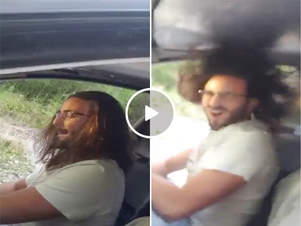 Car's bass system blows man's hair everywhere