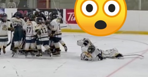Goalie saves embarrassment with epic reaction (Video)